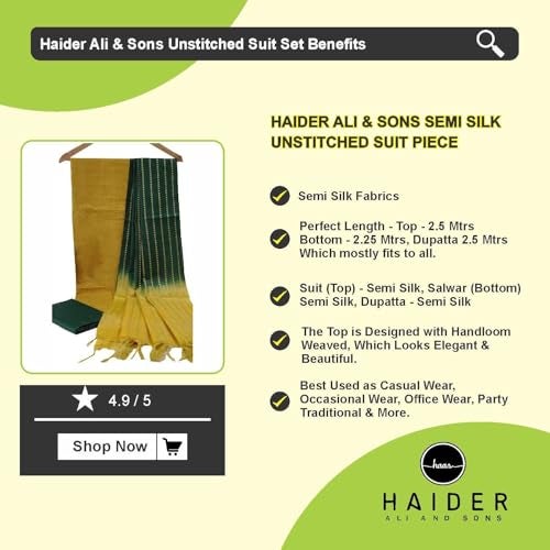 HAIDER ALI AND SONS Wearing Bhagalpuri Semi Silk Handwoven Unstitched Dress Materials, Free Size | (Green_mustord Yellow) - Image 4