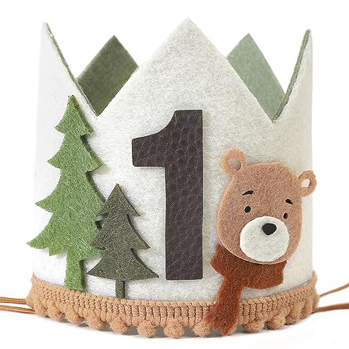 Agkvw One Happy Camper 1st Birthday Crown Teddy Bear First Birthday Hat One Happy Camper Bday Decoration Fall Camping Woodland 1st Bday Decor for Boys