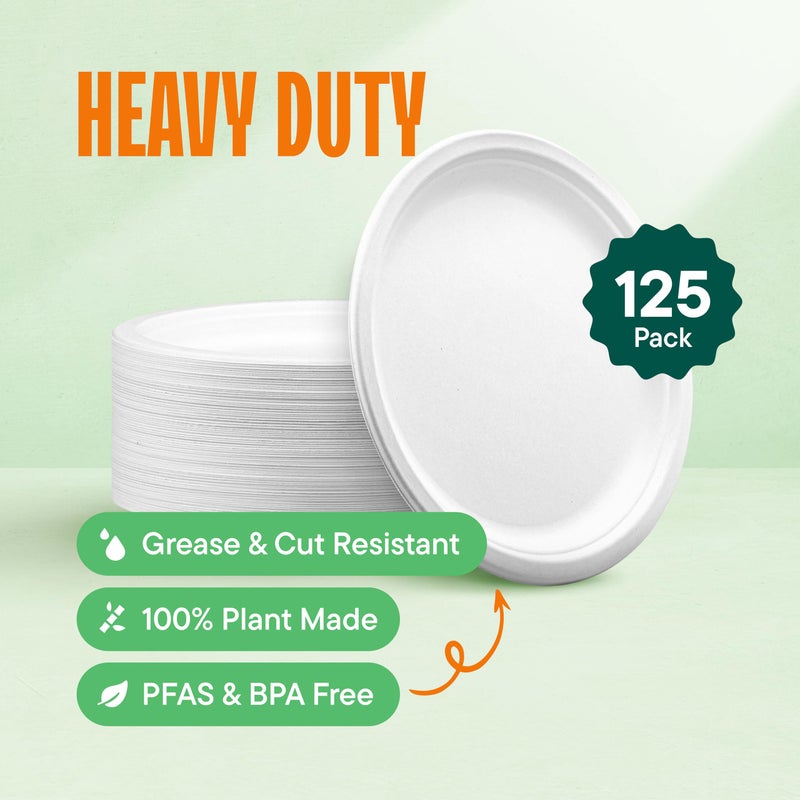 Stack Man 100% Compostable Disposable Paper Plates [125-Pack] - (PFAS-Free) - [10 Inch] Heavy Duty, Eco-Friendly, Biodegradable Bagasse Dinner Plates - Natural Brown 10" Plate by Stack Man (BPI Certified) - Image 2