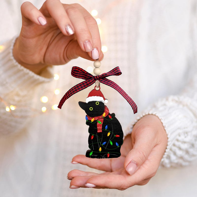 SUCHAGIFT Black Cat Christmas Ornament - Cat Christmas Ornaments  Cat Ornaments - Black Cat Gifts  Black Cat Gifts for Women  Cat Lover Gifts for Women  Funny Cat Gifts for Women - Wood Black Cat Ornament - Image 4