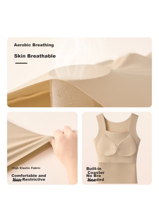 Gujin Seamless Thermal Vest For Women With Chest Pad, Bra-free Autumn Winter Integrated Base Layer Underwear