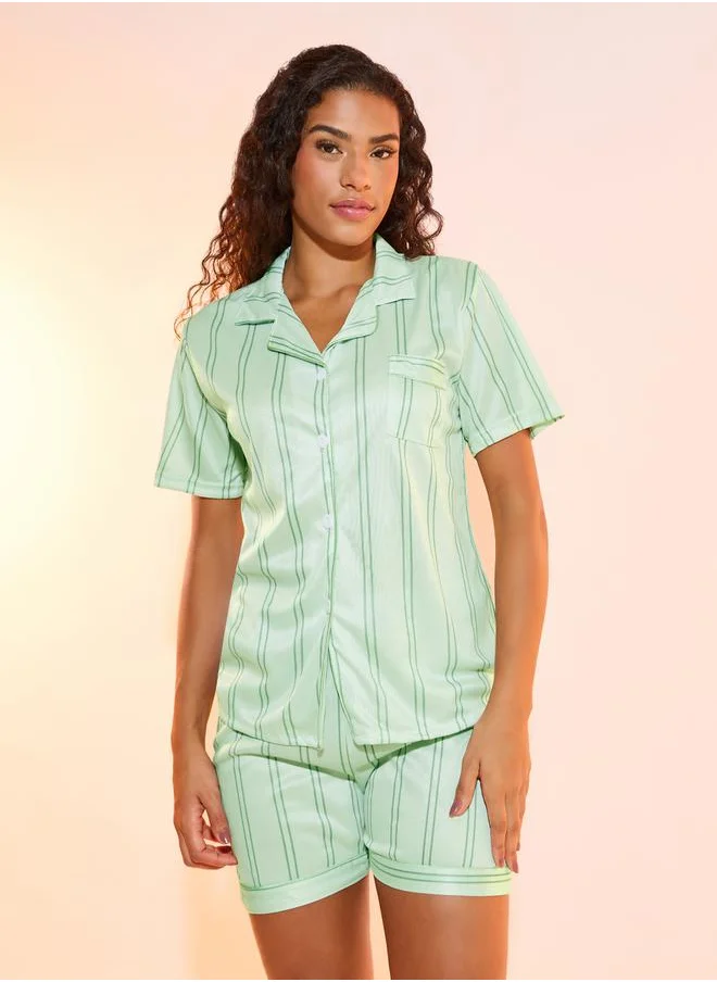 تايك تو Stripe Print Short Sleeve Shirt & Pyjama Set