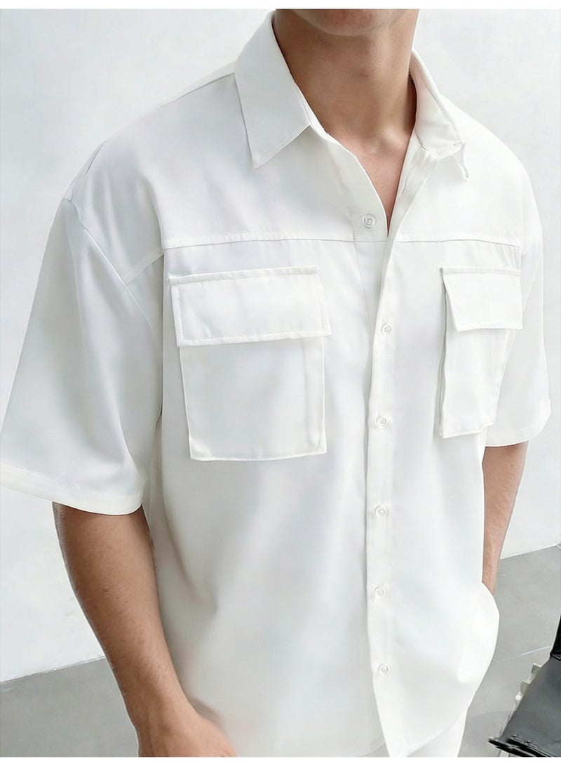 Men's White Short Sleeve Casual Shirt Double Flap Pocket Cargo Style Button Down Summer Shirt For Men - Image 1