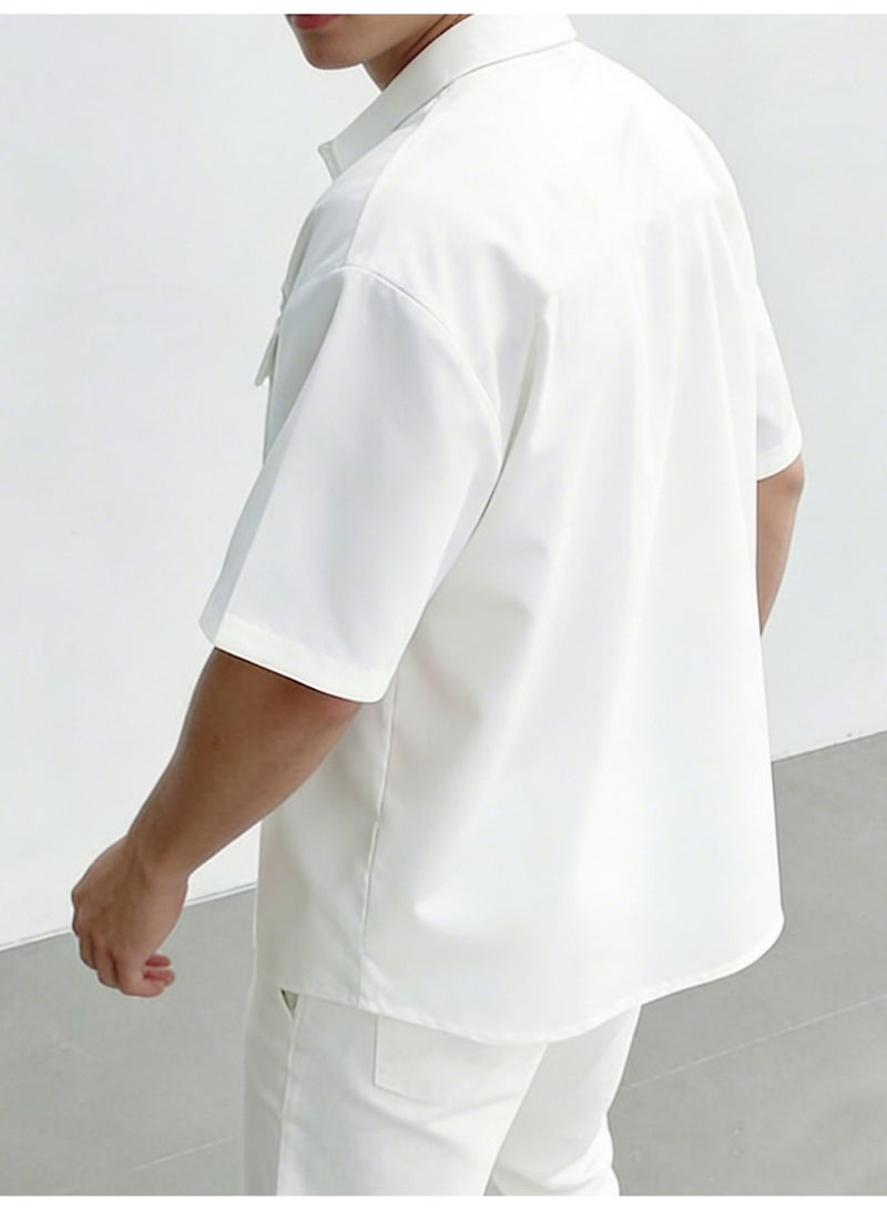Men's White Short Sleeve Casual Shirt Double Flap Pocket Cargo Style Button Down Summer Shirt For Men - Image 3