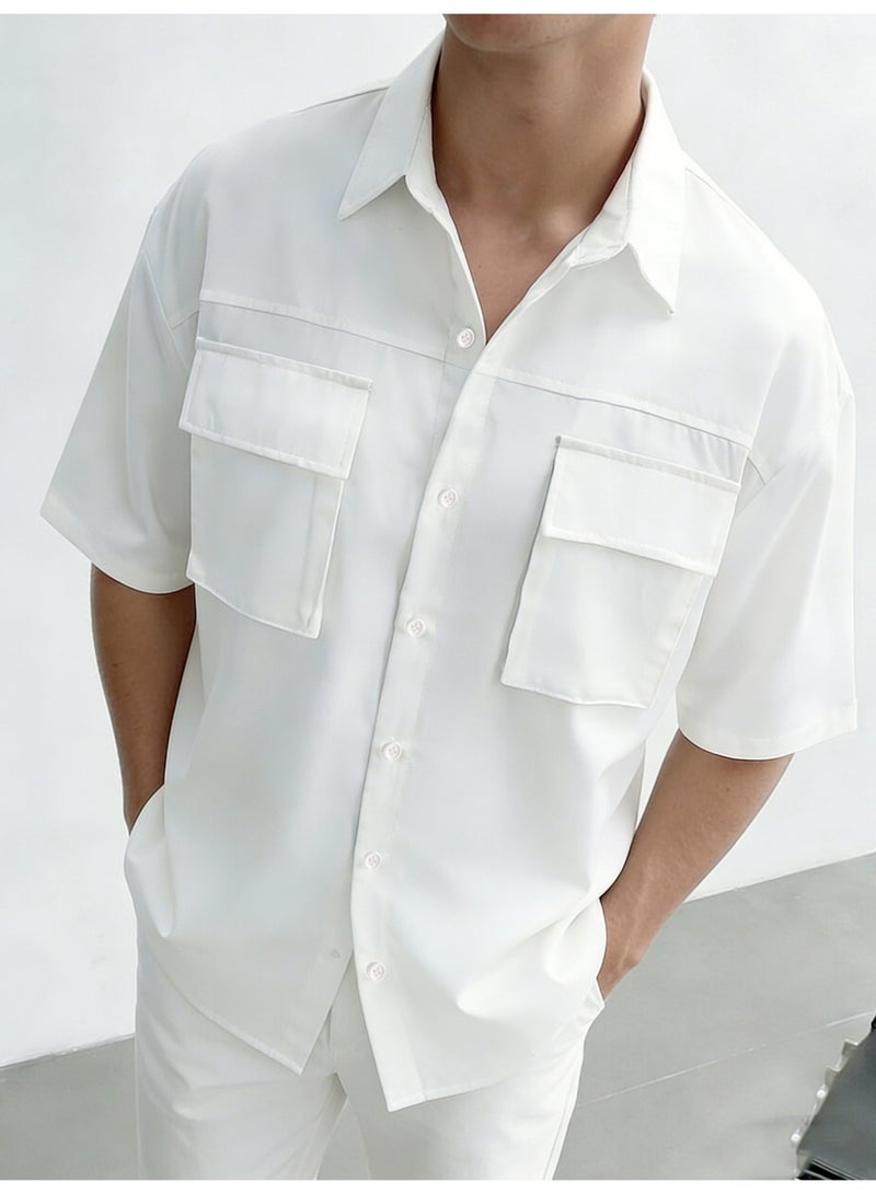 Men's White Short Sleeve Casual Shirt Double Flap Pocket Cargo Style Button Down Summer Shirt For Men - Image 2