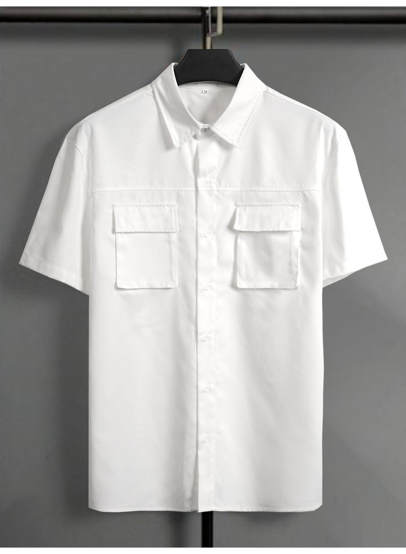 Men's White Short Sleeve Casual Shirt Double Flap Pocket Cargo Style Button Down Summer Shirt For Men - Image 5