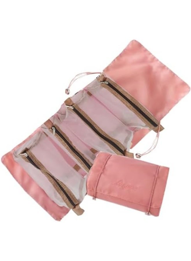 شنطة مكياج قابلة للطي والتعليق 4 في 1 للسفر متحركة لتخزين وتنظيم مستحضرات التجميل خلال السفر - لون وردي