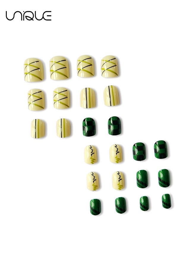 Unique 24 Pcs Fake Nails - Short Checkerboard Nail Art - Green Striped Nail Art - Fake Nail Patch  - Image 3