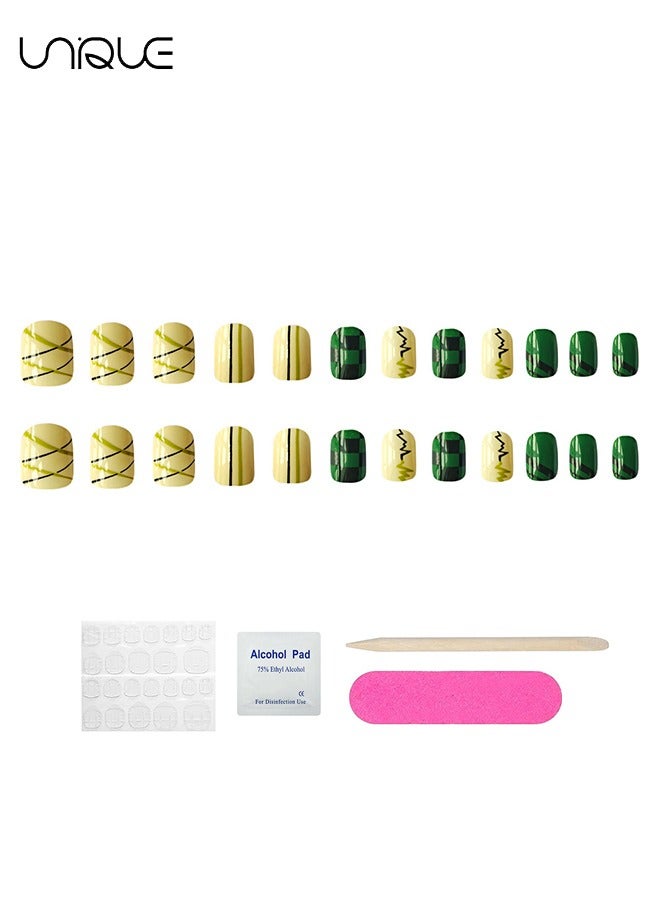 Unique 24 Pcs Fake Nails - Short Checkerboard Nail Art - Green Striped Nail Art - Fake Nail Patch  - Image 5