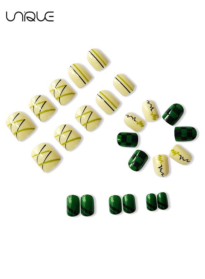 Unique 24 Pcs Fake Nails - Short Checkerboard Nail Art - Green Striped Nail Art - Fake Nail Patch  - Image 4
