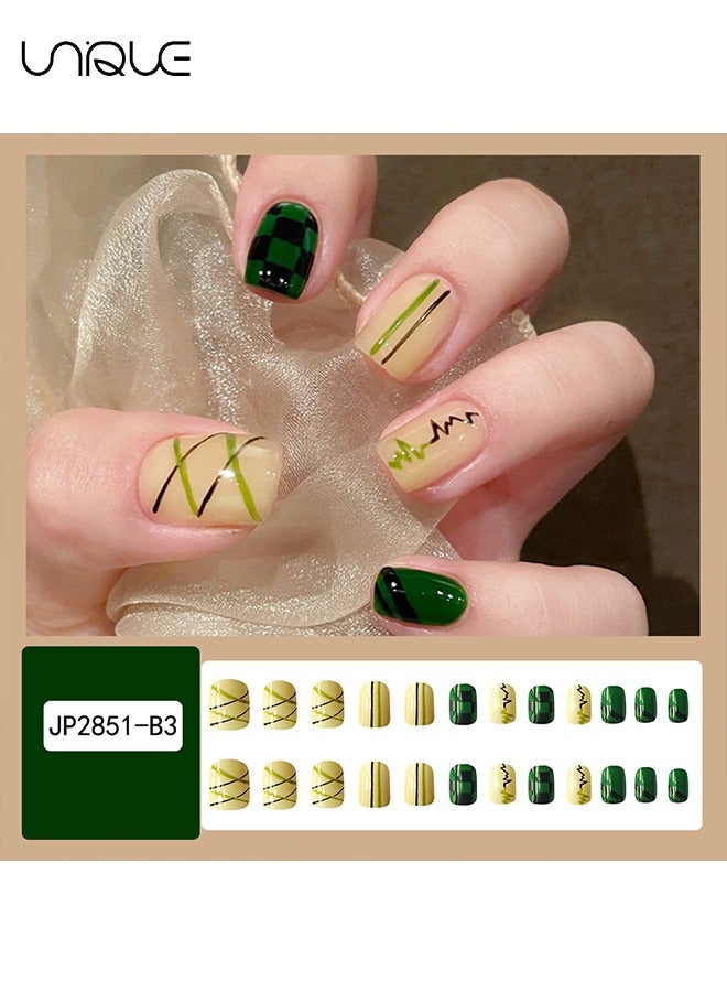 Unique 24 Pcs Fake Nails - Short Checkerboard Nail Art - Green Striped Nail Art - Fake Nail Patch  - Image 2