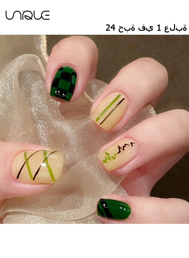 Unique 24 Pcs Fake Nails - Short Checkerboard Nail Art - Green Striped Nail Art - Fake Nail Patch  - Image 1