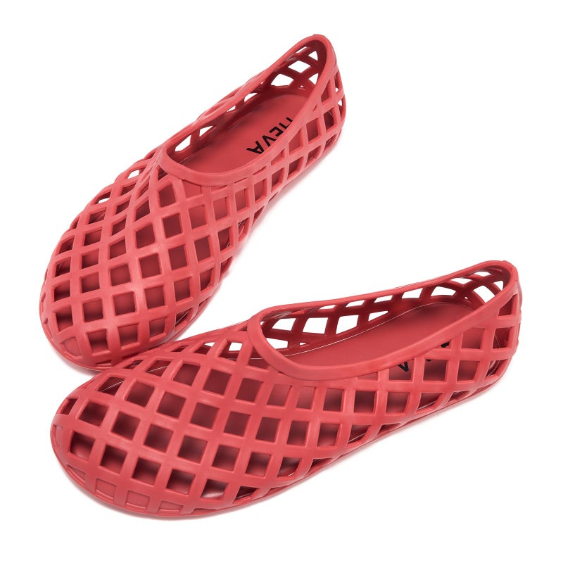 HEVA Jelly Mesh Flats for Womens Closed Toe Beach Slip On Summer Sandals Lightweight Clear Hollow Shoes(8 M US Red) - Image 3