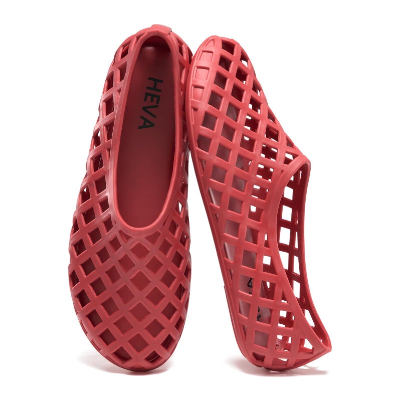 HEVA Jelly Mesh Flats for Womens Closed Toe Beach Slip On Summer Sandals Lightweight Clear Hollow Shoes(8 M US Red) - Image 1
