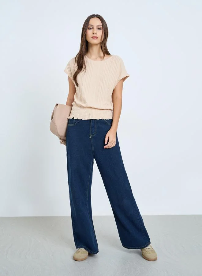 Take Two Women's Solid Round Neck Fitted Waist Short Sleeve Top