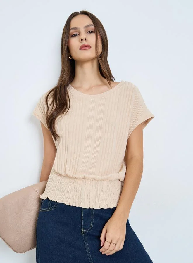 Take Two Women's Solid Round Neck Fitted Waist Short Sleeve Top