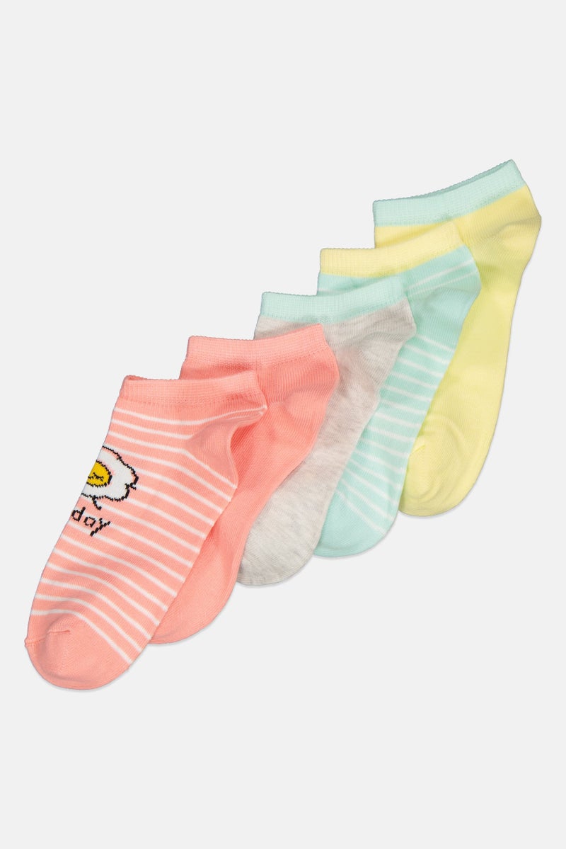 XOXO Kids Girl 5 Pairs Printed Socks, Yellow/Pink/Grey/Green  - Image 2