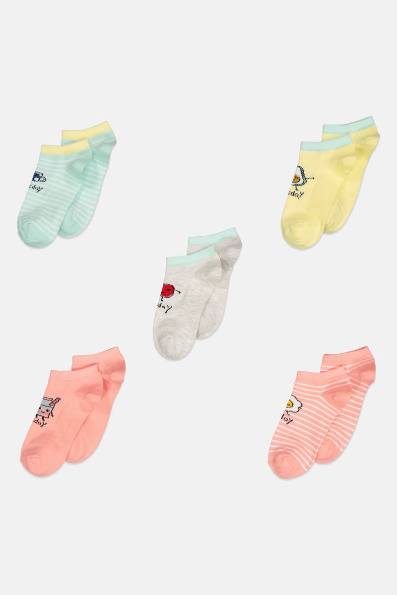 XOXO Kids Girl 5 Pairs Printed Socks, Yellow/Pink/Grey/Green  - Image 1