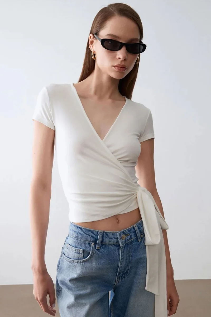 DILVIN Crop Wrap Blouse With Tie Detail