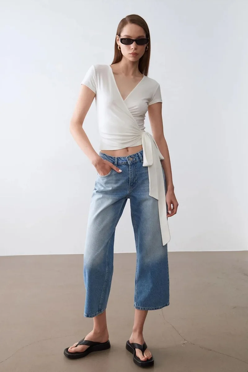 Dilvin Dusty White DILVIN Crop Wrap Blouse With Tie Detail for Women | Best Price UAE
