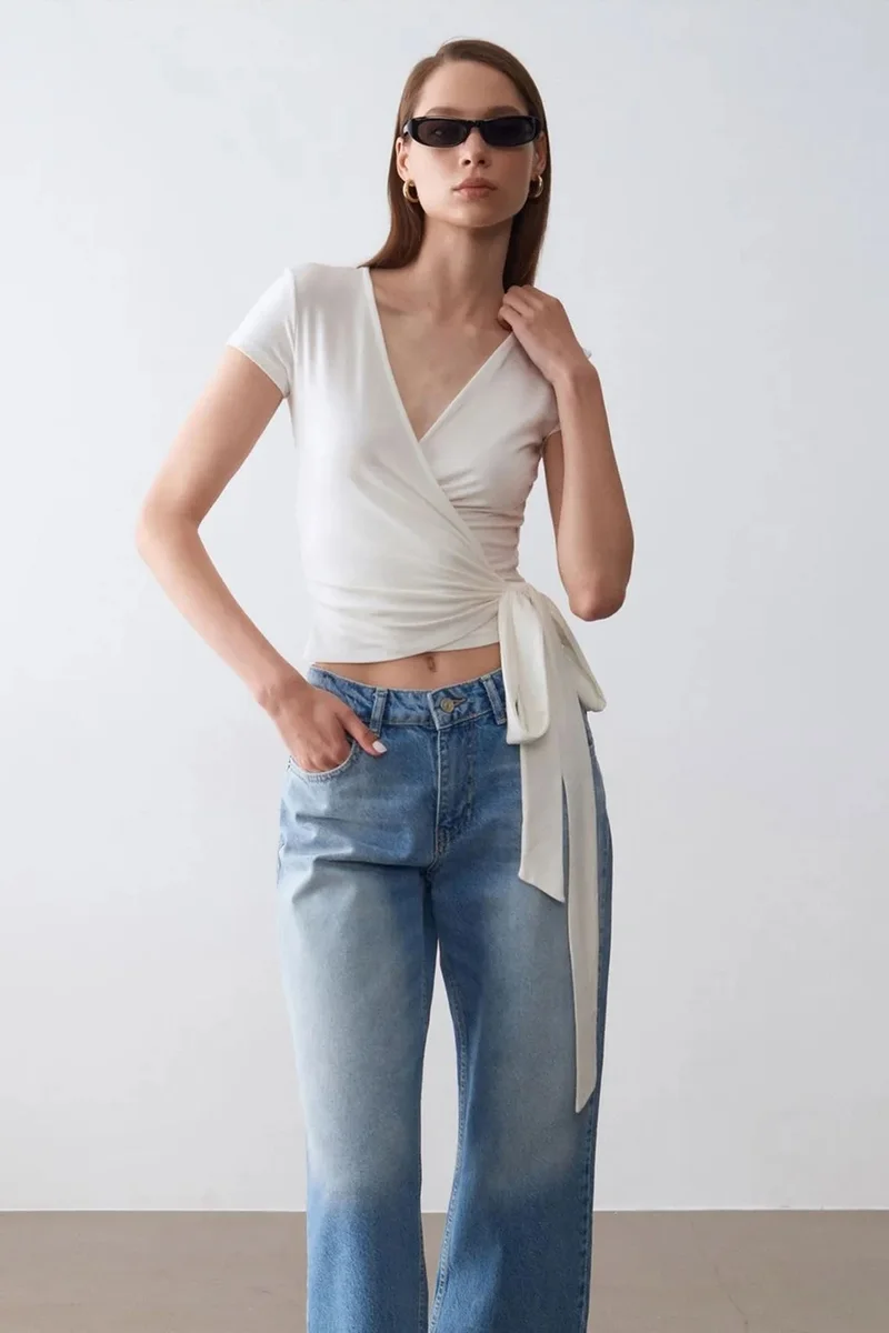 Dilvin Dusty White DILVIN Crop Wrap Blouse With Tie Detail for Women | Best Price UAE