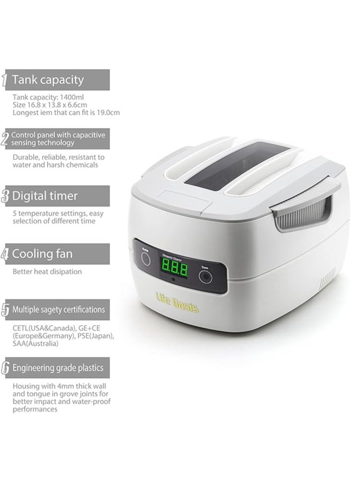 Life Basis - Ultrasonic Cleaner Super Large Capacity 1400ml Jewelry Cleaner with Cleaning Basket Ultrasonic Cleaning Machine for Cleaning Glasses Waterproof Watches Dentures Coins Circuit Board - Image 1