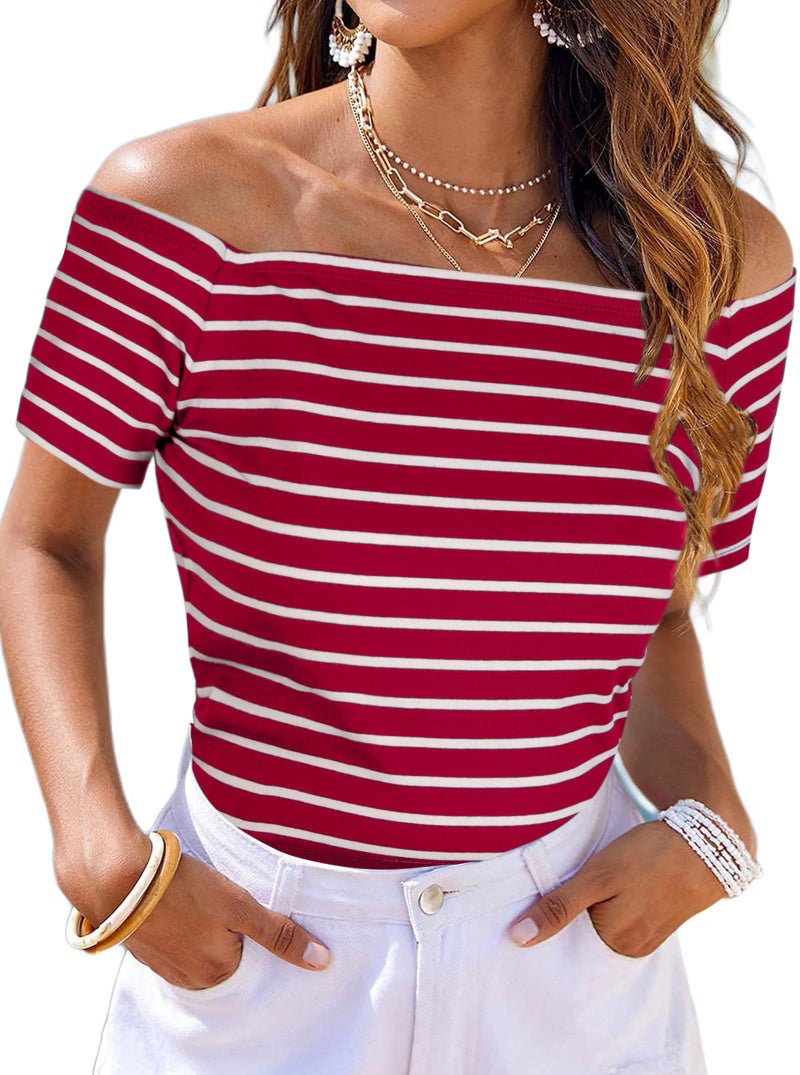 LilyCoco Off The Shoulder Tops for Women Striped Short Sleeve Sexy Going Out Top Big Red Stripe Medium - Image 1