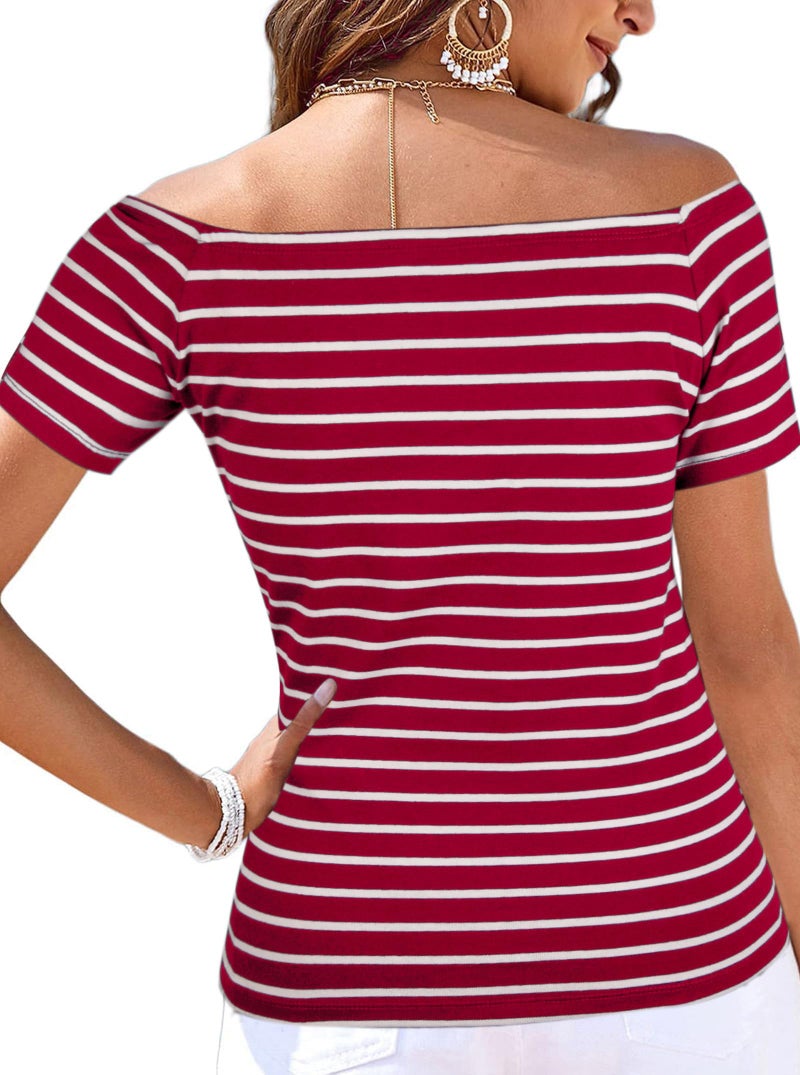 LilyCoco Off The Shoulder Tops for Women Striped Short Sleeve Sexy Going Out Top Big Red Stripe Medium - Image 2
