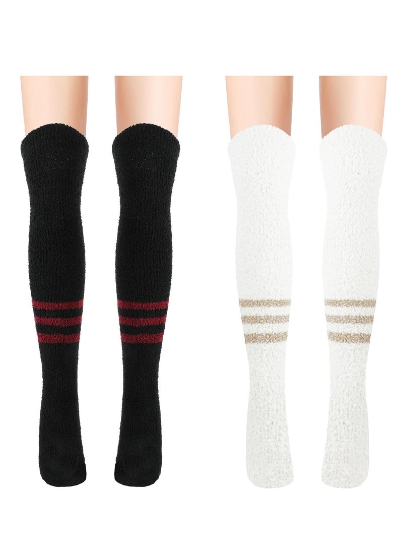 Excefore 2 Pairs Knee High Socks Coral Velvet for Women Stocking, Thigh Long Striped Winter Classic - Image 1