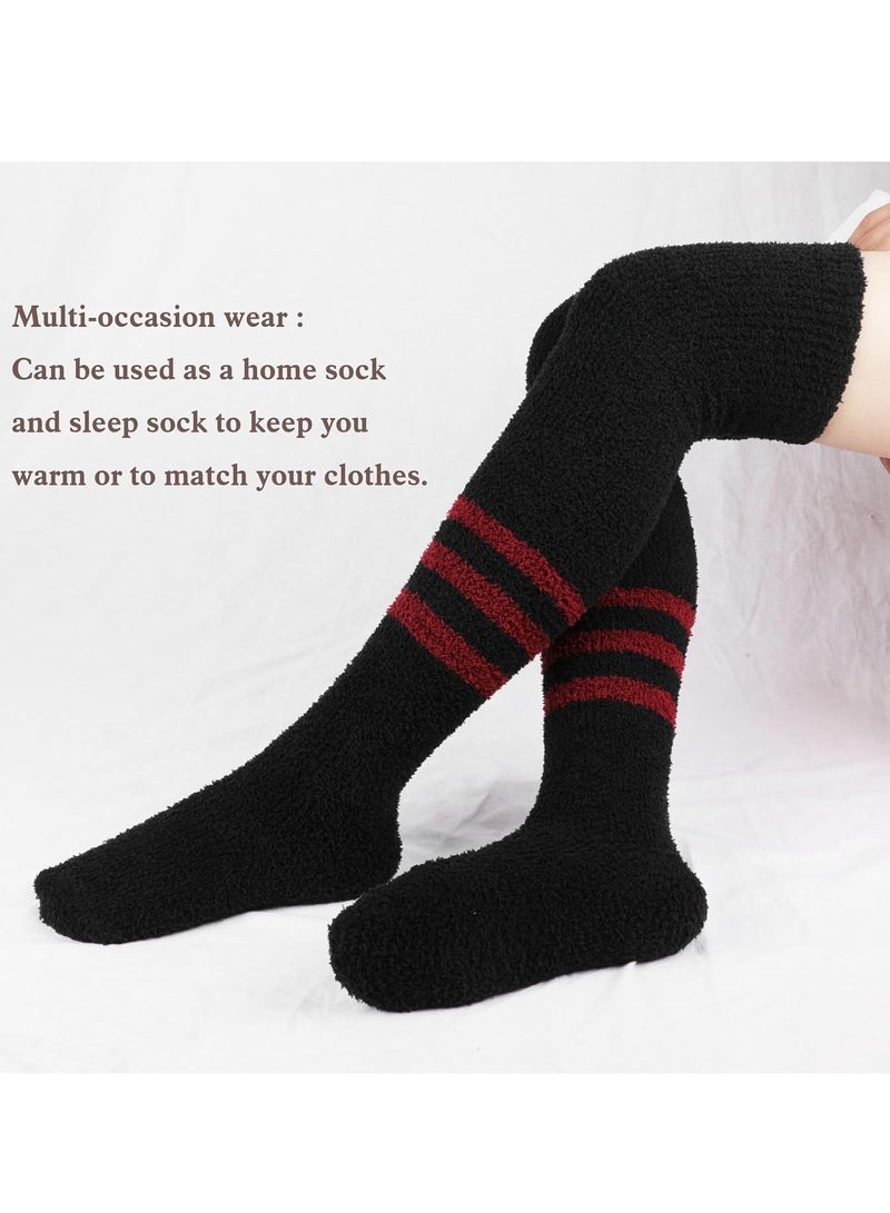 Excefore 2 Pairs Knee High Socks Coral Velvet for Women Stocking, Thigh Long Striped Winter Classic - Image 5