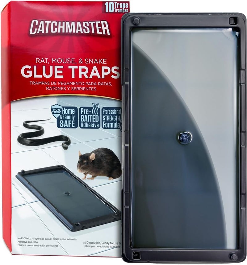 Catchmaster فخاخ الفئران اللاصقة من كاتشماستر داخل المنزل 10PK، فخاخ بالجملة للفئران والجرذان، صواني بلاستيكية لاصقة مسبقة الطعم للاستخدام داخل المنزل، فخاخ للثعابين والسحالي والحشرات والعناكب، آمنة للحيوانات الأليفة للتحكم في الآفات - Image 1