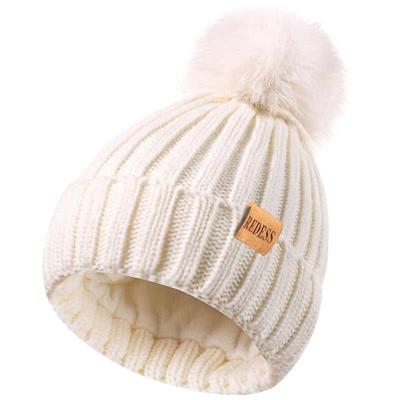 REDESS Womens Winter Knitted Beanie Hat Warm Fleece Lined with Pompom Cap Thick Slouchy Snow Knit Skull Ski Cap - Image 3