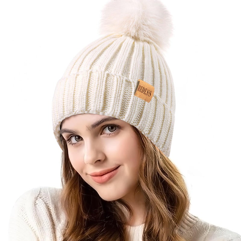 REDESS Womens Winter Knitted Beanie Hat Warm Fleece Lined with Pompom Cap Thick Slouchy Snow Knit Skull Ski Cap - Image 1