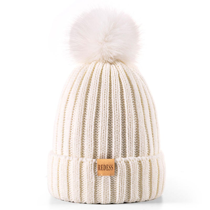 REDESS Womens Winter Knitted Beanie Hat Warm Fleece Lined with Pompom Cap Thick Slouchy Snow Knit Skull Ski Cap - Image 2
