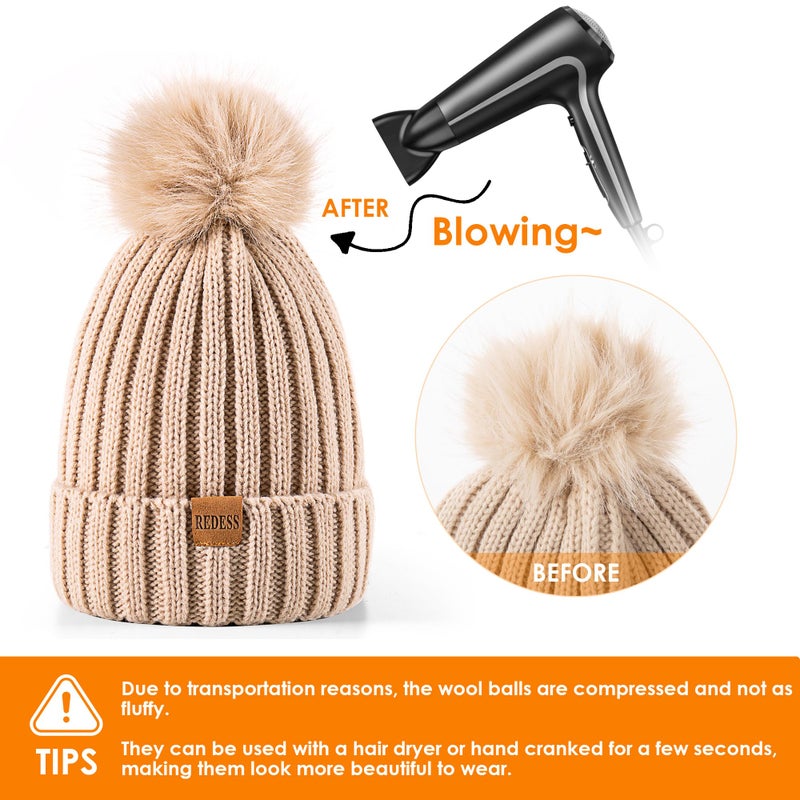 REDESS Womens Winter Knitted Beanie Hat Warm Fleece Lined with Pompom Cap Thick Slouchy Snow Knit Skull Ski Cap - Image 5