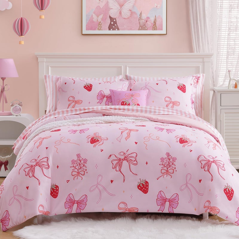 Wink Deer Twin Comforter Set for Girls-5 Pieces Pink Bow Twin Bedding Sets for Kids, Ultra Soft Bed in A Bag with Sheets - Image 1