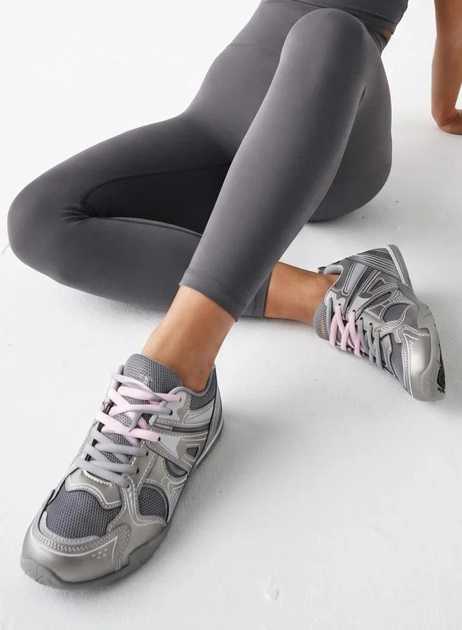 Styli  Grey Lace Up Mesh Details Sneakers for Women | Best Price UAE