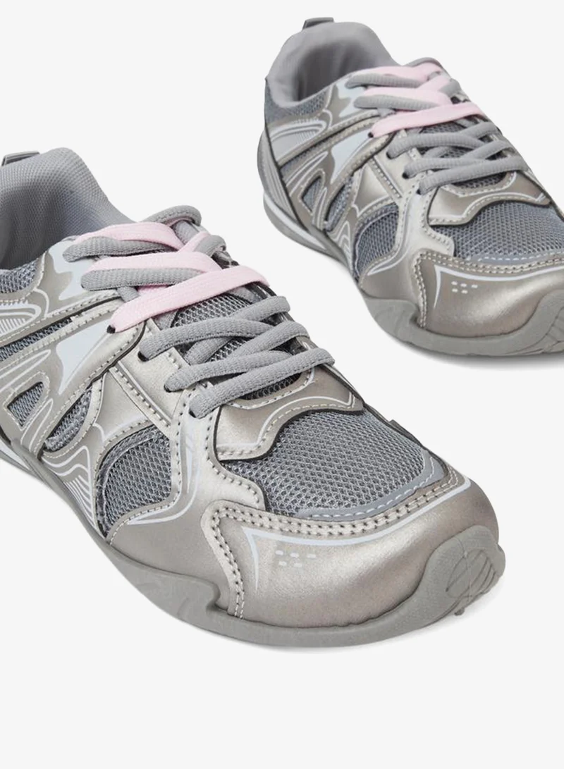 Styli  Grey Lace Up Mesh Details Sneakers for Women | Best Price UAE
