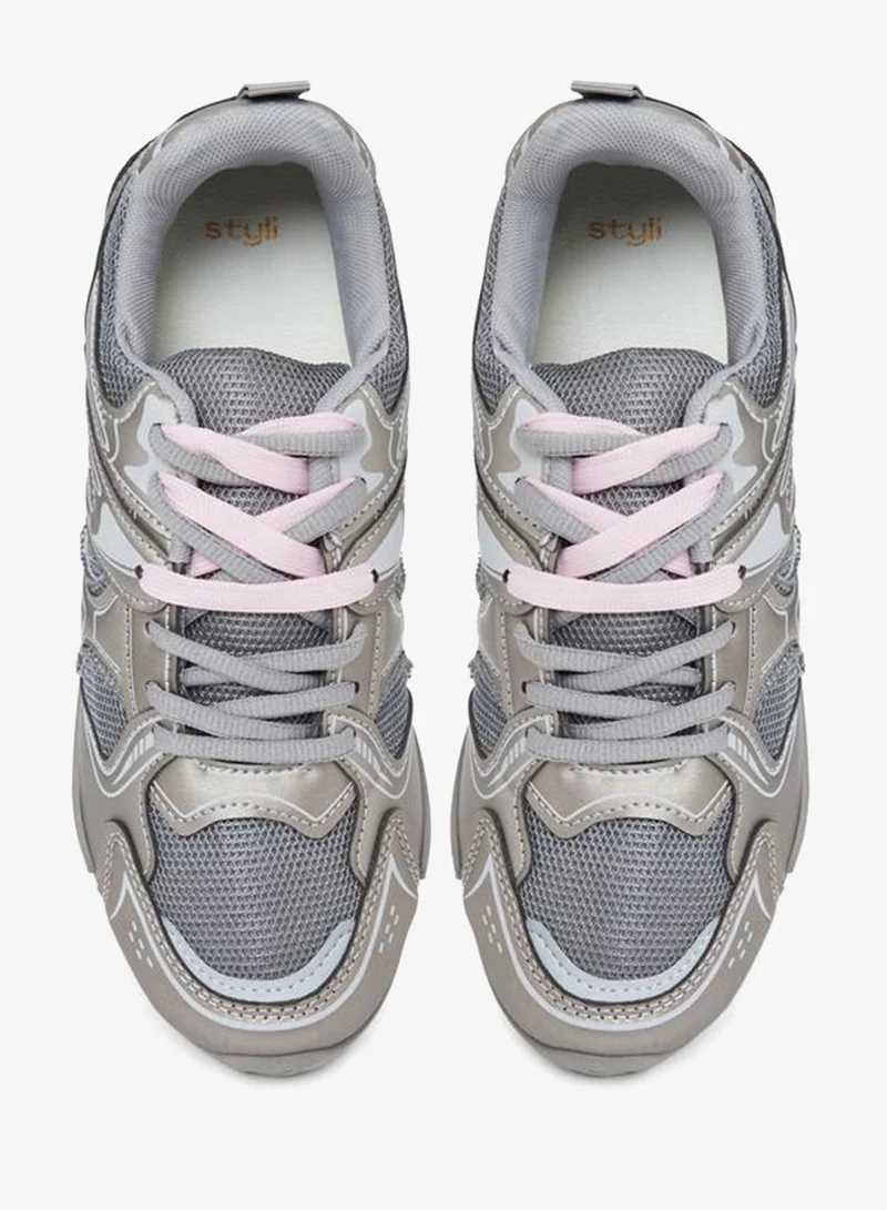 Styli  Grey Lace Up Mesh Details Sneakers for Women | Best Price UAE