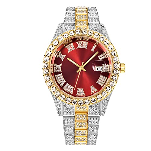 CdyBox Men Hip Hop Watch with Roman Scale Calendar Crystal Rhinestone Watches Stainless Steel Iced-Out Wrist Watch (Red) - Image 1
