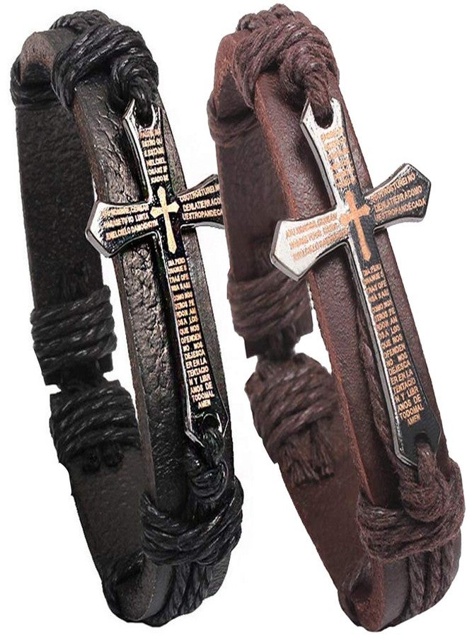 AZYOUNG Unisex Black Brown Leather Woven Rope Alloy Cross Pendant Adjustable Bangle Bracelet (Black Brown) - Image 1