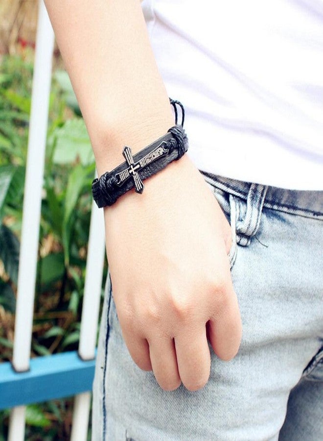 AZYOUNG Unisex Black Brown Leather Woven Rope Alloy Cross Pendant Adjustable Bangle Bracelet (Black Brown) - Image 2