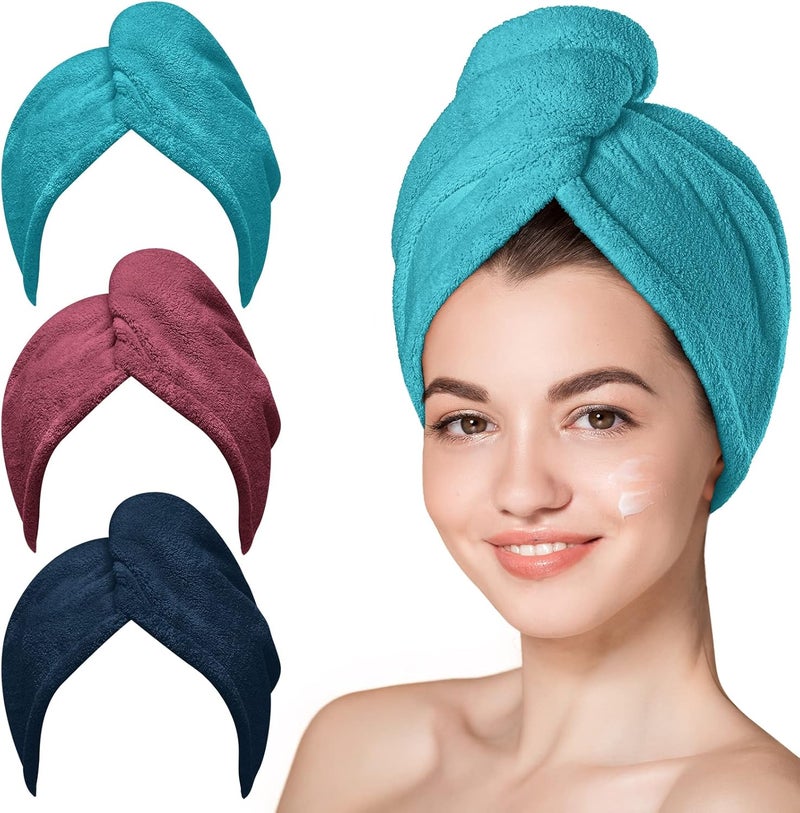Hicober Microfiber Hair Towel, Hair Towel Wrap Turbans for Women,Hair Drying Towel Wrap Hair Accessories for Women Girls-Plum,Navy,Aqua Green,3Packs, 25.59 * 9.84 * 0.59inch - Image 1