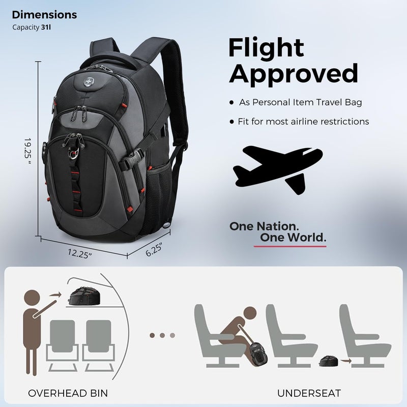 Swissdigital Design Laptop Backpack with USB Charging Port, Travel Backpack Fits 15.6 inches Computer, 31L College School Backpack for Men, Black/Grey | SD803-02 - Image 2