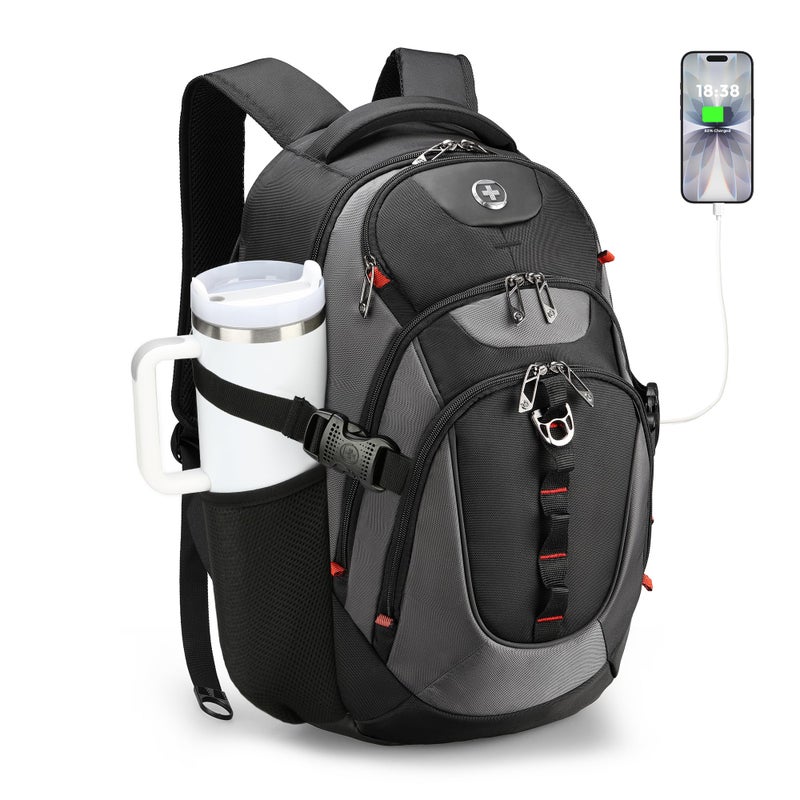 Swissdigital Design Laptop Backpack with USB Charging Port, Travel Backpack Fits 15.6 inches Computer, 31L College School Backpack for Men, Black/Grey | SD803-02 - Image 1