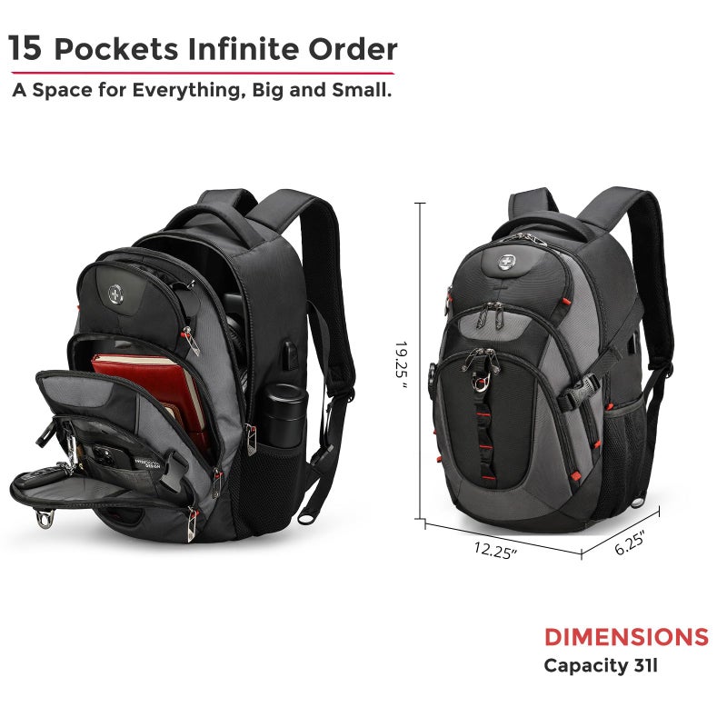 Swissdigital Design Laptop Backpack with USB Charging Port, Travel Backpack Fits 15.6 inches Computer, 31L College School Backpack for Men, Black/Grey | SD803-02 - Image 4