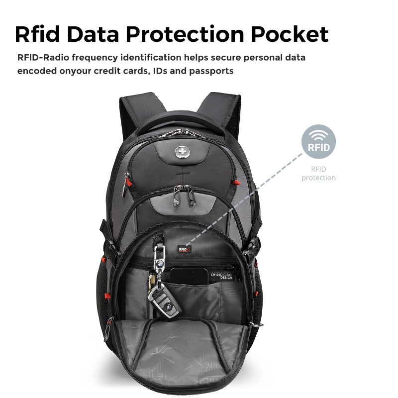 Swissdigital Design Laptop Backpack with USB Charging Port, Travel Backpack Fits 15.6 inches Computer, 31L College School Backpack for Men, Black/Grey | SD803-02 - Image 5