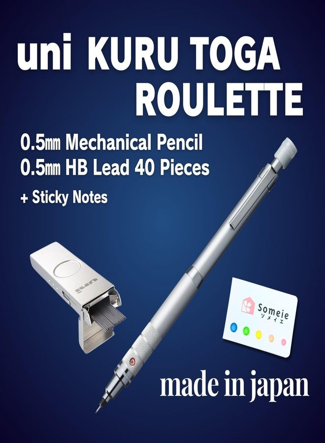 Someie Uni Kuru Toga Roulette 0.5mm Mechanical Pencil, Silver Body (M510171P.26) Set - Metal Case 0.5mm HB Lead Refills 40 Pieces(ULSM05HB) + Sticky Notes - Made in Japan - Image 2