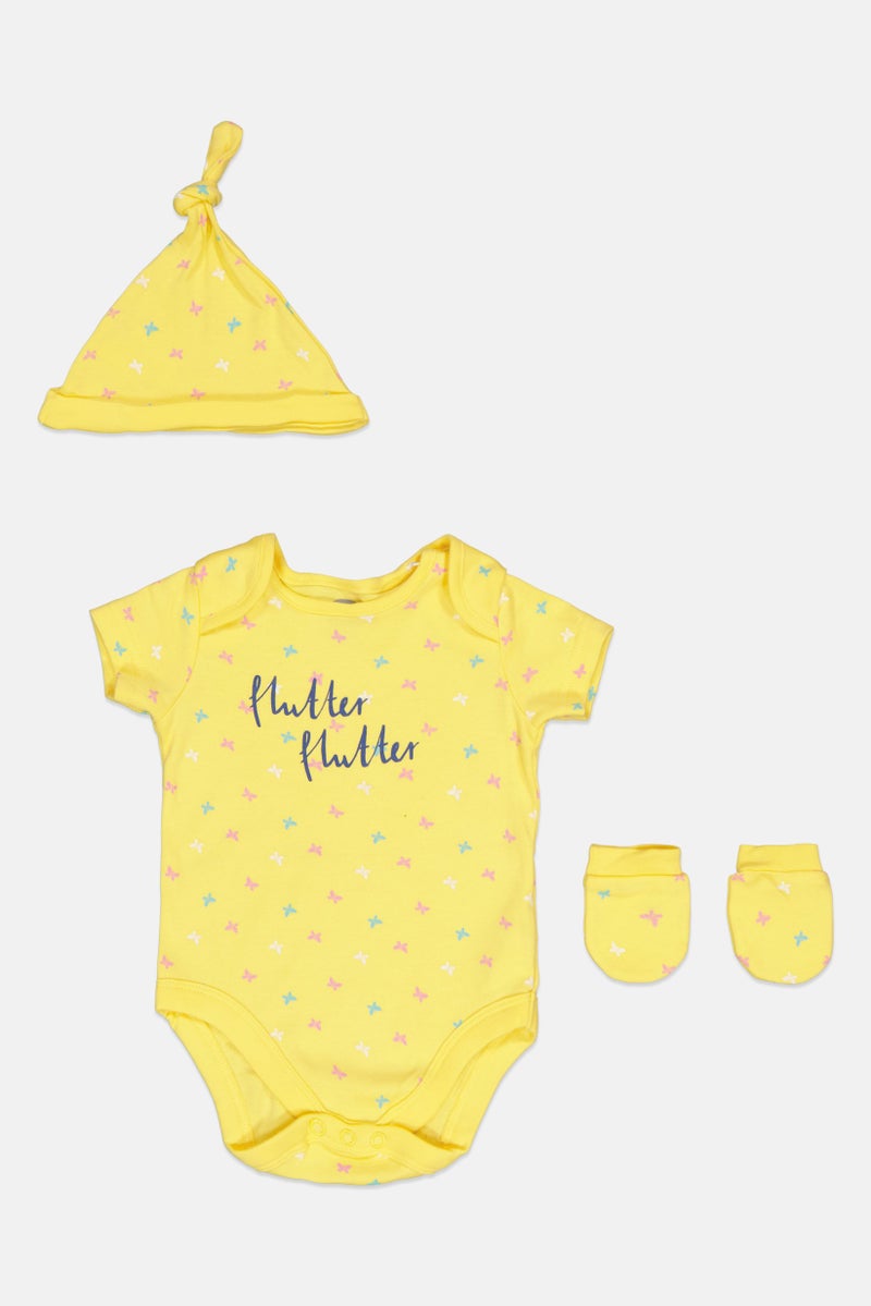 mothercare Toddlers Girl 3 Pieces Allover Print Bodysuit Beanie And Gloves Set, Multicolor  - Image 1