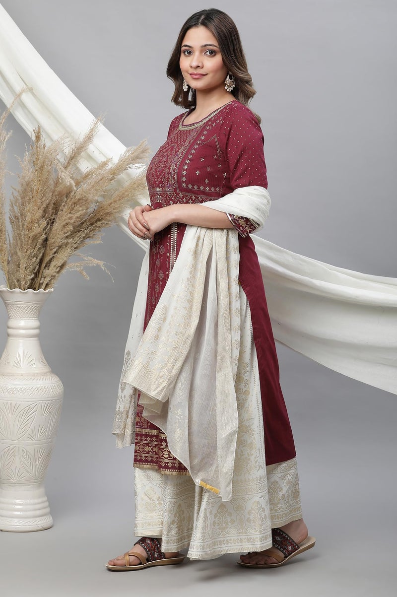Aurelia Maroon Geometric Printed Printed Lace Cotton Regular Kurta for Women - Image 5